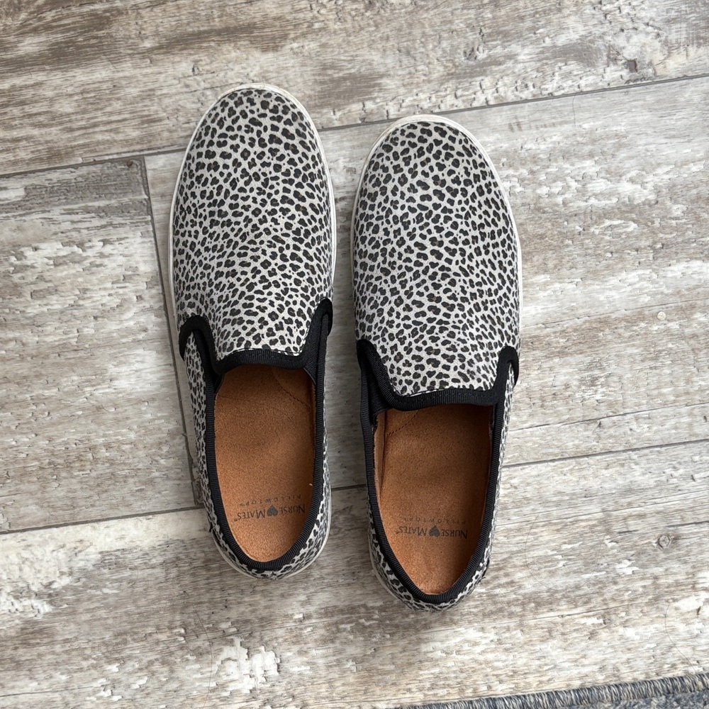 Nurse Mates Black and White Animal Print Slip-Ons
